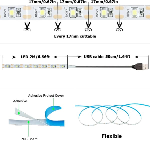 5V USB LED-strip kallvit 6000K USB-driven 4M (2 st) Flexibel SMD2835 Hög ljusstyrka Ej vattentät IP20 LED-tejp