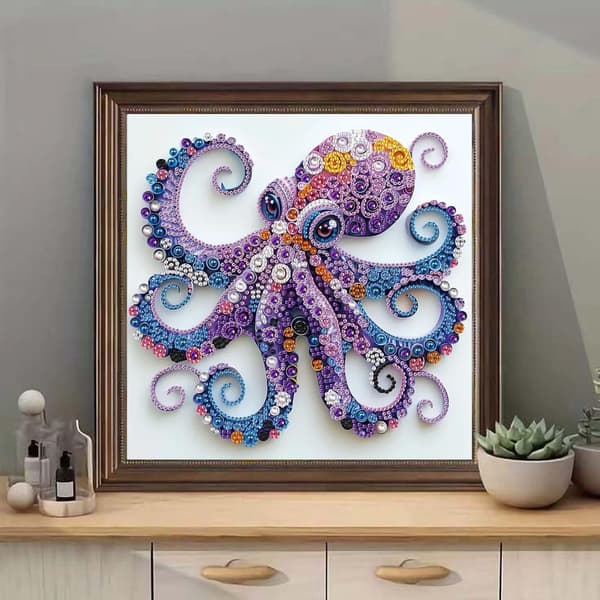 5D Diamantmalerier til begyndere, Dyre Specialform Diamantkunst sæt, Lilla Blæksprutte 30 x 30 cm