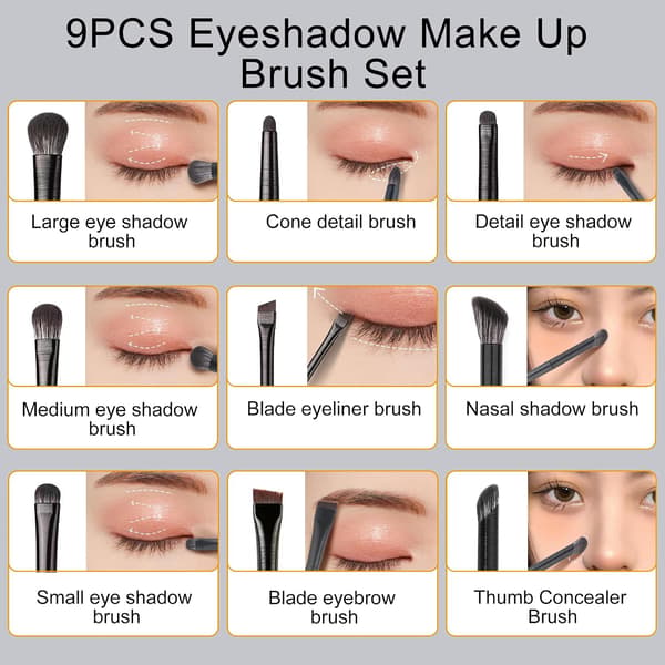 Set of 9 Makeup Brushes, Professional Brushes, Eyeshadow, Nose Contouring, Concealer and Eyebrow Brushes