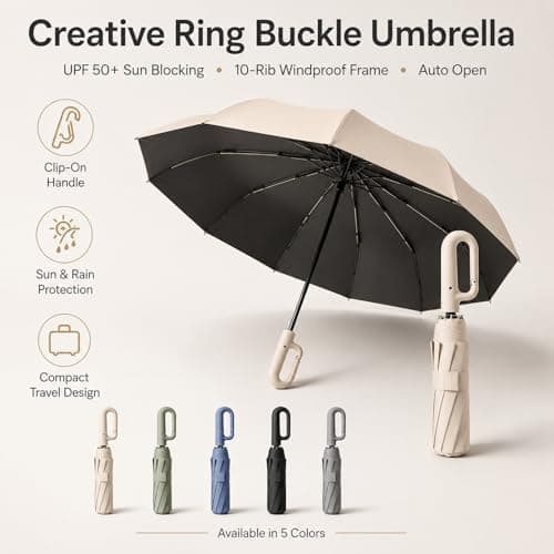 Creative Ring Buckle Wind-Resistant Reinforced Umbrella, UPF 50+ Sun Protection Automatic Folding Umbrella with Carabiner, 10-Rib Frame, Compact Black Black