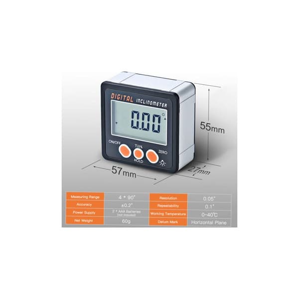 Digital inklinometer, 0-360°, magnetisk base