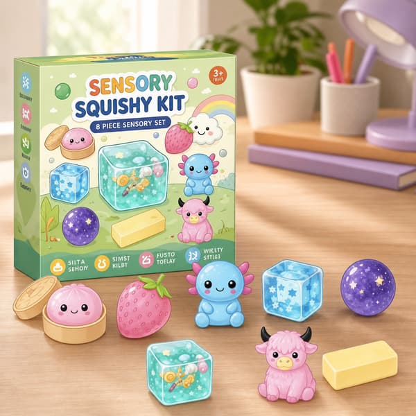 8-delt pastel squishy sensorisk legetøjssæt, søde dyr, mad, glimmer og terning stressaflastende fidget gaveæske