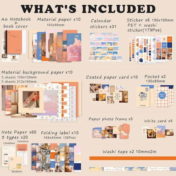 348-dele Scrapbooking-tilbehørssæt, Orange Æstetisk Bullet Journal Scrapbook-kit med A6-gitter
