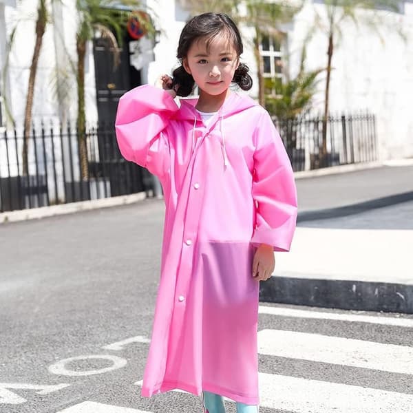 Barnregnponcho, rosa EVA Mackintosh med hette, lett vanntett, passer 100-140 cm, for skole og camping