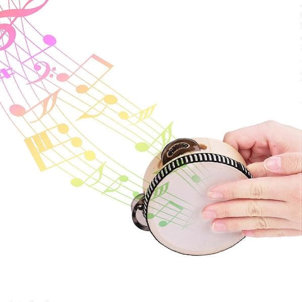 Practical and beautiful 4 inch wooden hand drum with single row metal jingles and polyester drumhead
