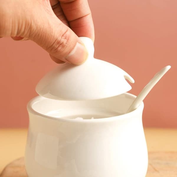 Ceramic Sugar Bowl, White Porcelain Sugar Jar with Lid and Spoon
