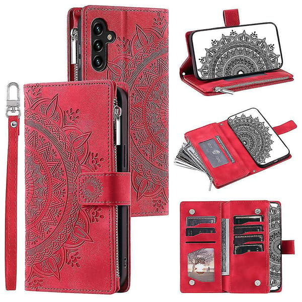 For Samsung Galaxy A54 5G PU Leather Mandala Flower Embossed Wallet Case with Zipper, Stand Function and Multiple Card Slots with Strap - B6 Red