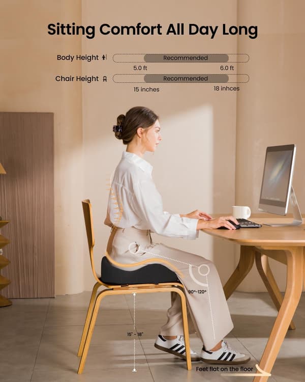 Kontorstolpute, ergonomisk sittepute, avlaster trykk på setemusklene, avtakbart og vaskbart stoltrekk.