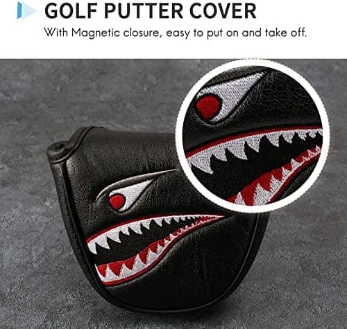 1 stk PU-skinn med haibroderi magnet golfkølle putterhodebeskytter golfkølle putterhodebeskyttere mallet putterhodebeskyttere-FX-