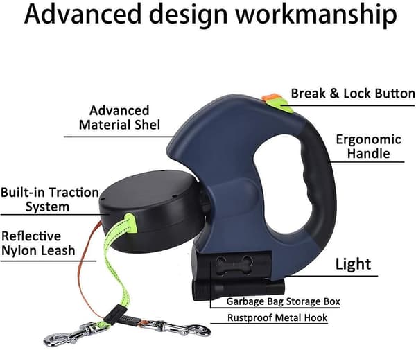 Double Retractable Leash for 2 Dogs, 3m Double Leash with LED Light and Bag Holder