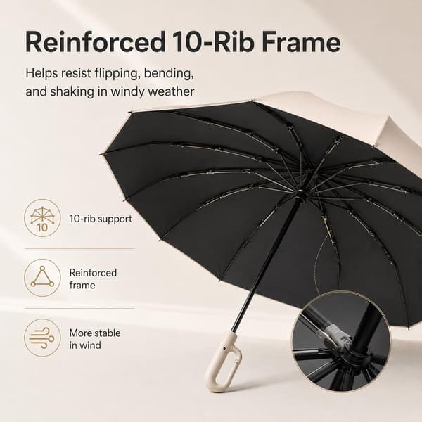 Creative Ring Buckle Wind-Resistant Reinforced Umbrella, UPF 50+ Sun Protection Automatic Folding Umbrella with Carabiner, 10-Rib Frame, Compact Black Black