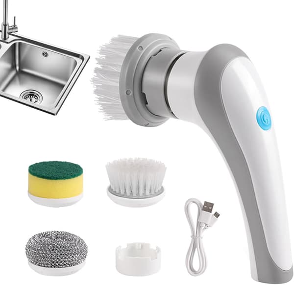 (White) Handheld Electric Rotary Scrubber, 3 Replaceable Brush Heads