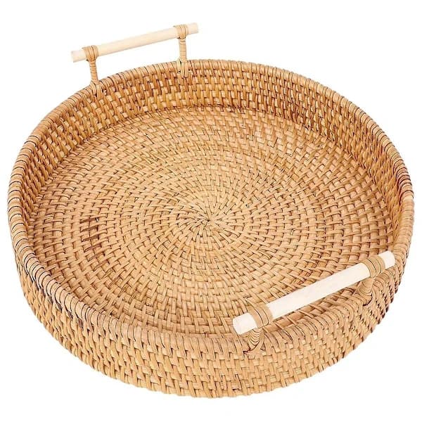 Round Rattan Serving Tray, Hand-Woven Decorative Tray with Handles for Home Kitchen Coffee Table, Brown 28 cm