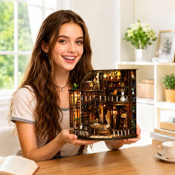 Book Nook Kit - DIY Miniature House for Adults and Teens, 3D Wooden Bookshelf Insert with LED Light, Bookshelf Decoration (Basque Study) Basque Study