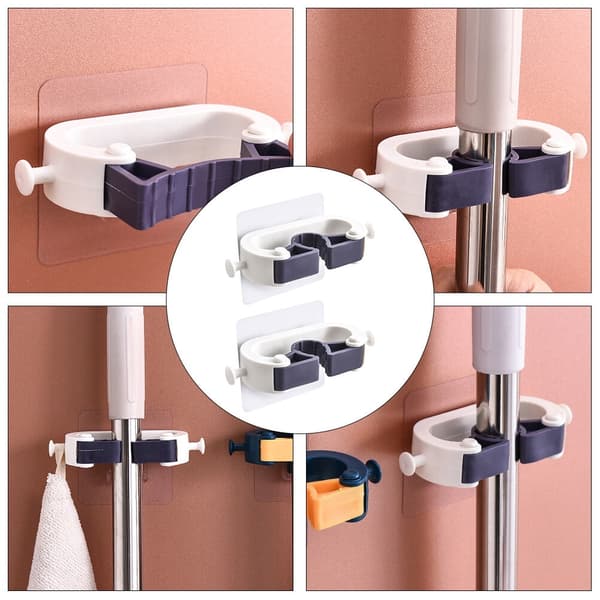Väggmonterad mopphållare Vit plast stansfri moppklämma med spårlöst lim 2-pack