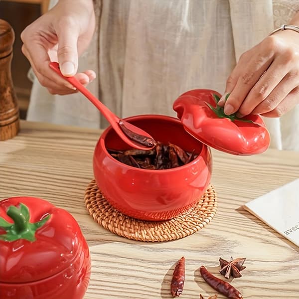 Tomatformad keramisk kryddburk med lock, dekorativ kryddkruka för salt, socker, förvaring, present