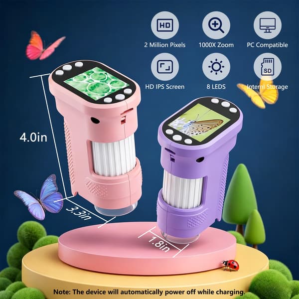 Digital microscope for kids, 1000X handheld pocket microscope STEM science toy Pink Pink
