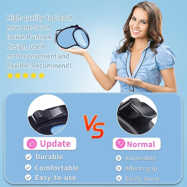 Retractable Dog Leash, 5m Strong Nylon Strap, 360 Degree Tangle-Free Design, Quick Lock