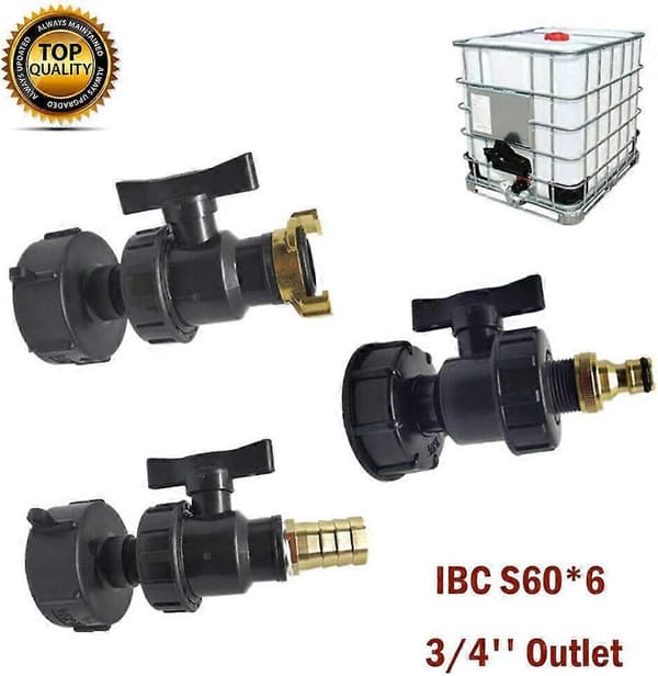 IBC-adapter, S60X6 IBC-tankkopplingar - Utlopp med hullingförsedd slanganslutning Vattenkopplingssatser (S60 x 6 + ventil + 3/4\" koppling)