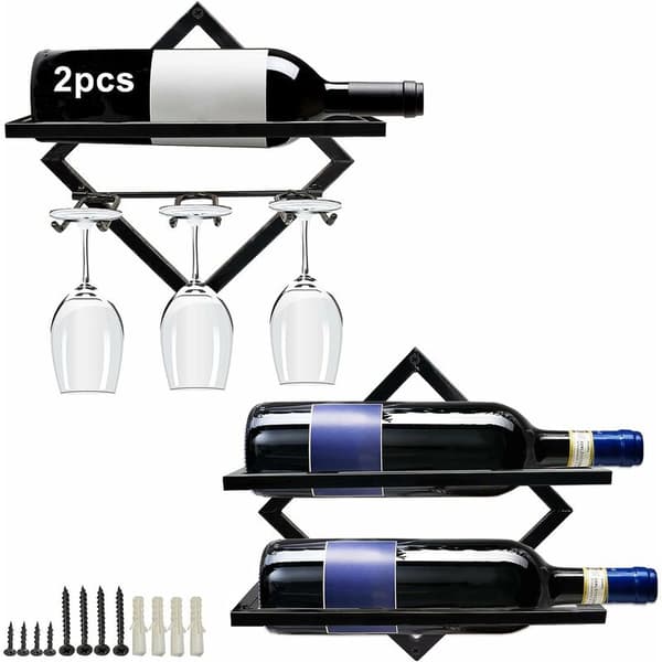 Wall Mounted Metal Wine Rack, Foldable and Hanging Wine Cabinet for 2 Bottles, Wall Mounted Wine Cabinet for Kitchen, Bar and Cellar (2 Models)