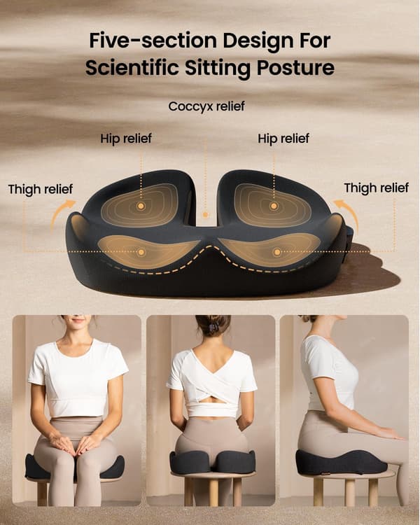 Kontorstolpute, ergonomisk sittepute, avlaster trykk på setemusklene, avtakbart og vaskbart stoltrekk.