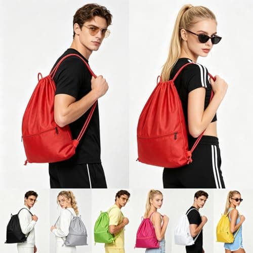 Drawstring Backpack, Sports Gym Bag - Large (Red) Red