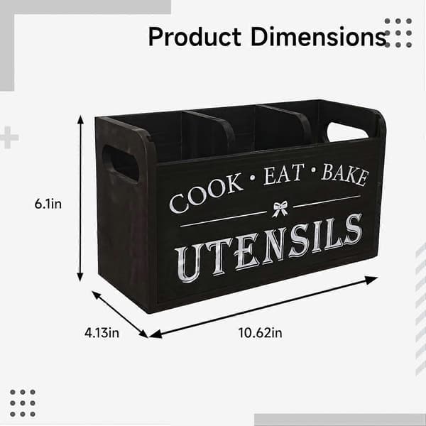 Solid Wood Utensil Holder with Handle, Rustic Farmhouse Kitchen Organizer, 3 Compartments for Storage