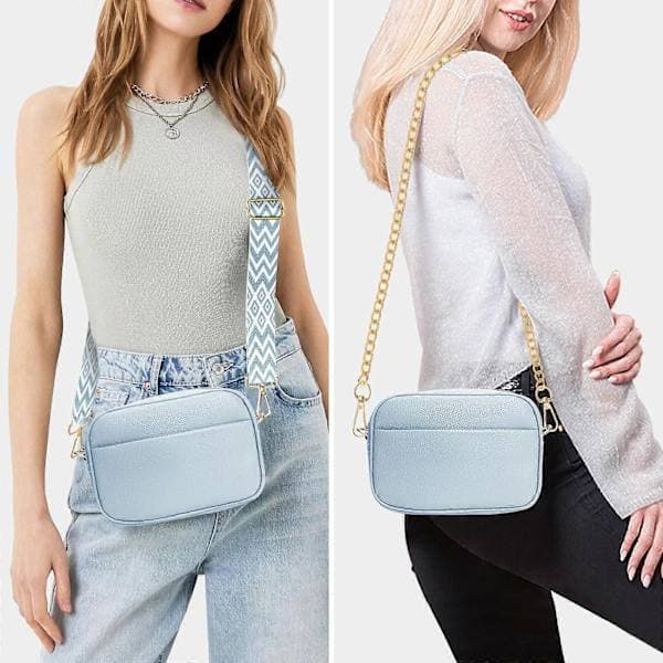 Women's Shoulder Bag, Small Leather Shoulder Bag, Women's Camera Handbag, Shoulder Bag with Replaceable Wide Guitar Strap Blue Blue Blue Blue