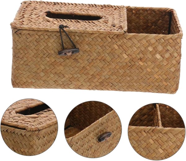 Vevd halmvevboks, funksjonell oppbevaringsboks, fjernkontrolloppbevaring, 24 × 12 × 9 cm