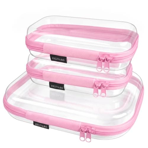Clear Hard Shell Zippered Makeup Storage Organizer Bags TSA Approved Pink 3 Pack (M+2S) Pink 3 Pack (M+2S)