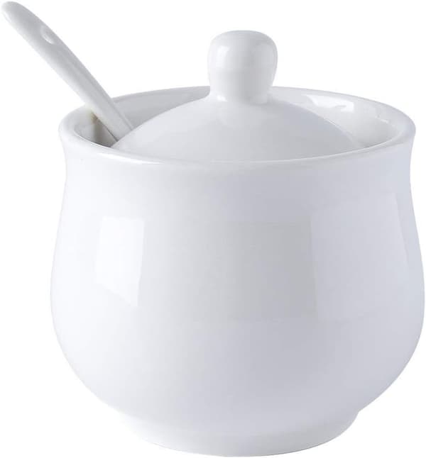 Ceramic Sugar Bowl, White Porcelain Sugar Jar with Lid and Spoon