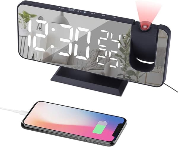 Digital Projection Alarm Clock Radio LED Temperature Display Radio Projection Clock Rotatable Projection Time-Black