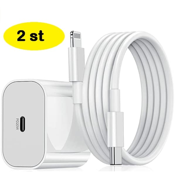 2 stk iPhone hurtigoplader USB-C strømadapter 20W + 2 stk 2 m kabel hvid