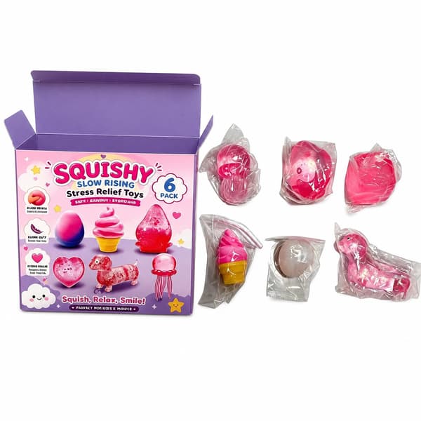 6-pak lyserøde langsomt stigende squishy-legetøj, sød dessert, dyr og frugt stresslindrende sensorisk fidget-gavesæt