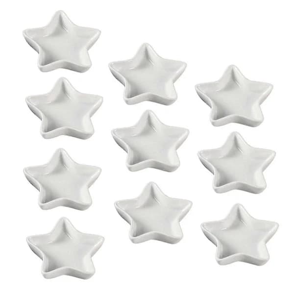 10 stjerneformede krydderfat, dippskåler, soyasaus, små skåler, keramikk, grillchips & serveringsskål Porselenshvit