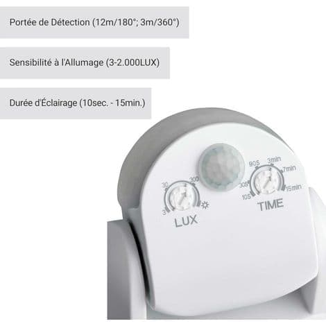 IP65 Outdoor Motion Detector, Surface-Mounted Wall Unit, Programmable, 12m/180° - 3m/360°, LED-Compatible, Dual Sensor Infrared Sensor