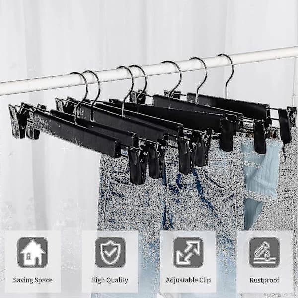 10 Black Hangers for Trousers and Skirts - Adjustable Non-Slip Clips and Space-Saving - XS6 -