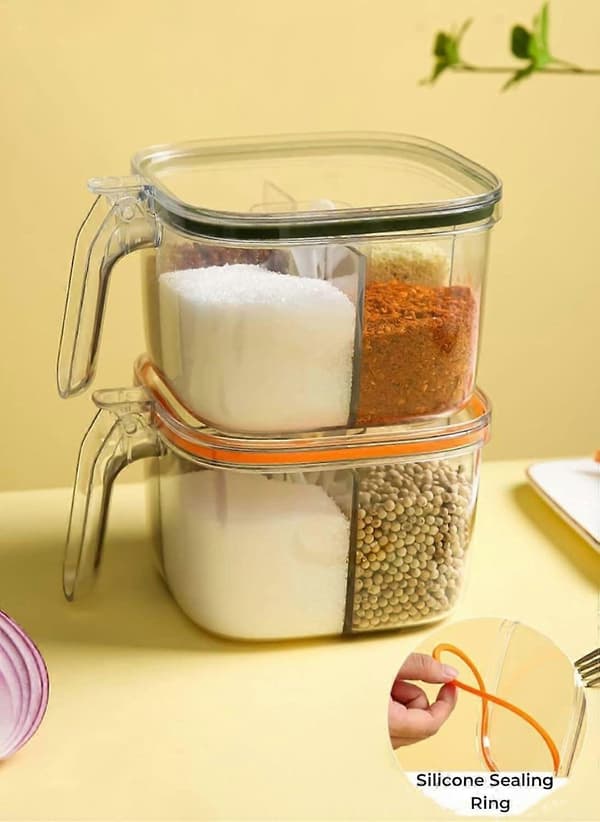 Spice Jar Set with Spoons, 4-Compartment Transparent Spice Containers with Lids and Moisture-Proof Seal