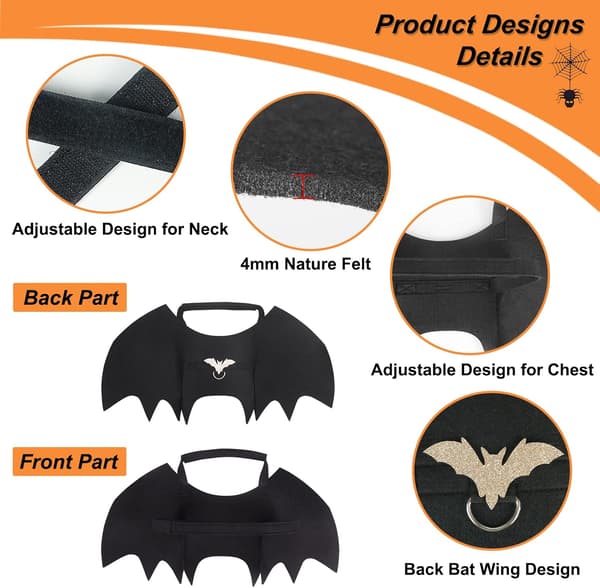 (S) Cat Bat Wings, Cat Halloween Costume with Pumpkin Bell, Adjustable