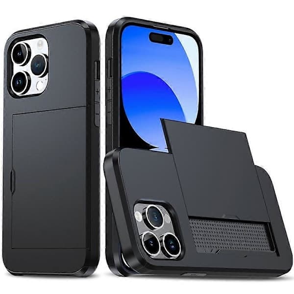 1 st Svart iPhone 15 Pro Max Mobilskal, Skjutbart Kortfack Två-i-ett Anti-fall Plånboksfodral