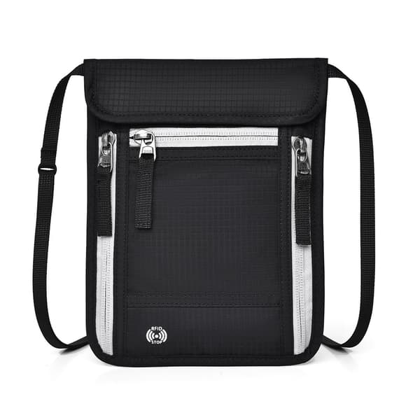 Passfodral för resor, halsplånbok RFID-blockerande, dolt pengabälte, förvaring av resedokument (svart+grå dragkedja) (Black+Grey zipper)