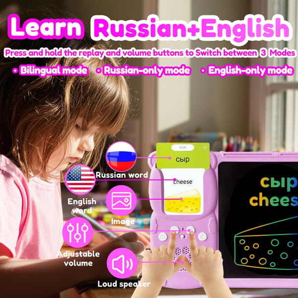 Skrivebrett med tospråklige flashkort for barn, russisk, rosa Pink Russian