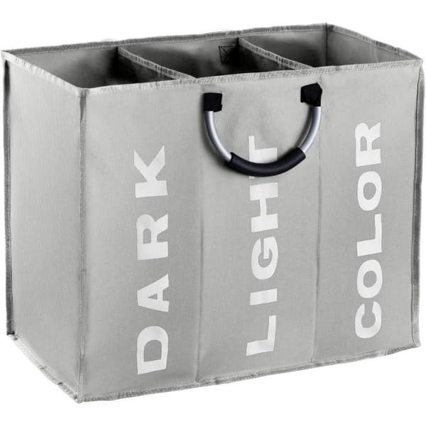 Large 3-Section Laundry Hamper, Foldable Fabric Storage Bag for Clothes with Handles 85L 60x32cm Grey