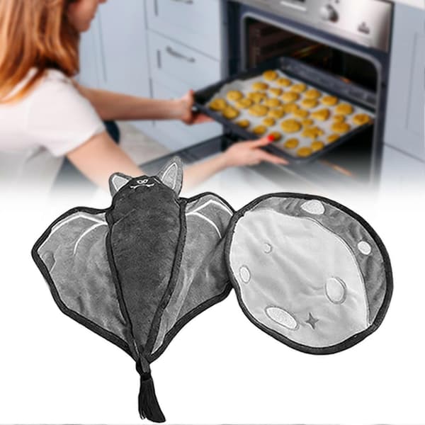 Batlicious Oven Mitts & Pot Holders Set - Gothic Bat & Moon Design, Heat Resistant Kitchen Gloves for Baking, Cooking, and Grilling