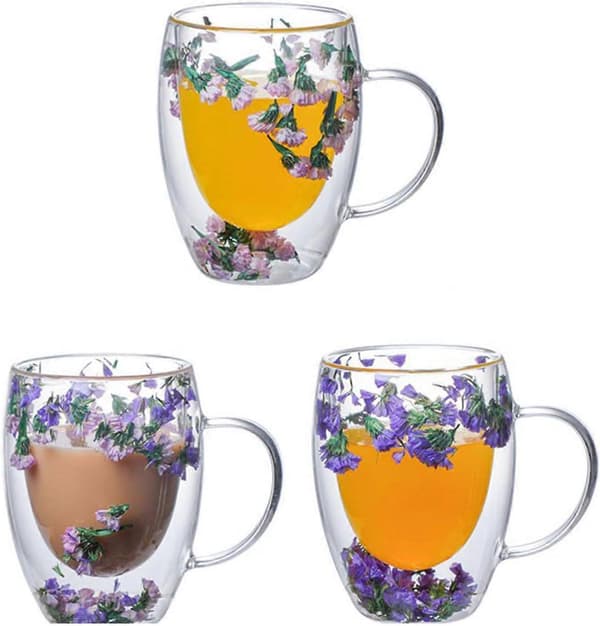 10 oz Dobbeltvæggede Borosilikatglaskrus med Elegant Tørret Blomsterdesign til Varme og Kolde Drikke