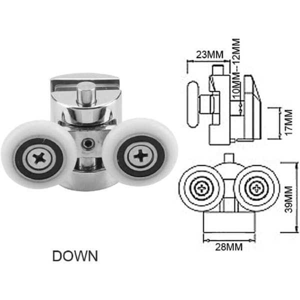 Sett med 4 doble ruller - for skyvedusjdører, 2 hjul 23 mm diameter sinklegering bad...DEBUNS
