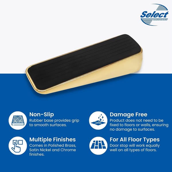 Decorative Brass Door Stop with Rubber, Wedge, Non-Slip