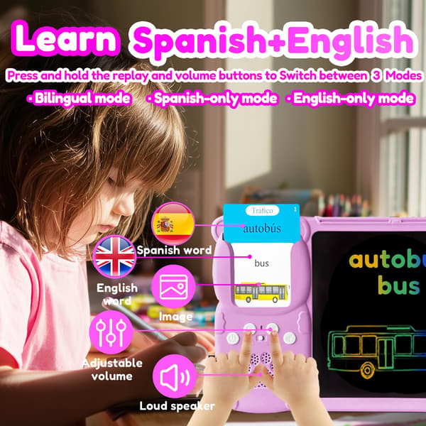 Skriveplade med tosprogede flashcards til børn, spansk pink Pink Spanish