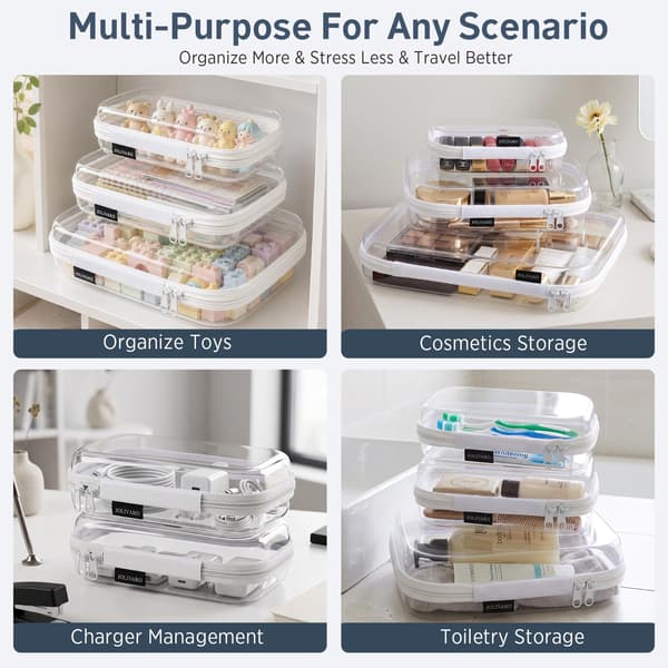 Clear Hard Shell Zippered Makeup Organizer Bags TSA Approved White 3 Pack (M+2S) White 3 Pack (M+2S)
