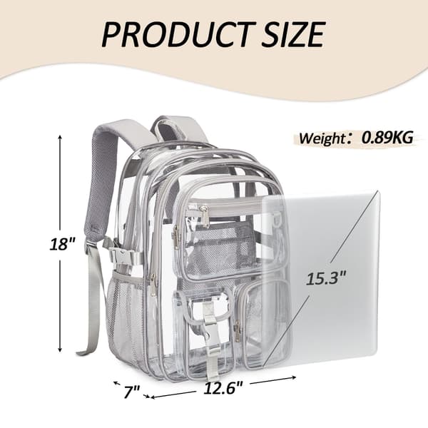 abshoo Large Clear Backpack for School Heavy Duty Transparent Bookbag with Multiple Pockets for Middle and High School (Grey) Grey Grey